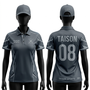 เสื้อโปโลสนุกเกอร์หญิง คุณภาพสูง 175 GSM ผ้าโพลีเอสเตอร์ระบายอากาศได้ดี สีเทา ดีไซน์แผงข้าง  แบบซับลิเมชั่น สกรีนชื่อได้ตามต้องการ - Product Image 1