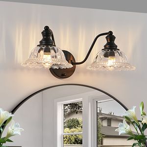 Applique da Bagno Vintage a 2 Luci da 20 Pollici, Elegante Lampada da Parete in Metallo Nero e Vetro - Product Image 1