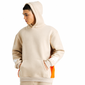 Men's Beige Hooded Tracksuit Solid Color Full-Length Sleeves Loose Fit 100% Cotton Casual Autumn Wear With Orange Side Stripes - Product Image 3