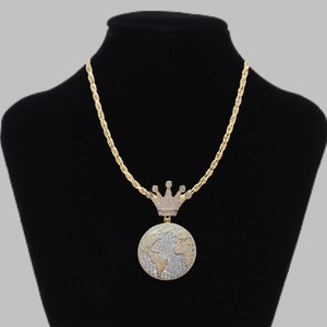 Globe World <b>Crown</b> Bail Iced Out Diamond Pendant Necklace Rhodium Plated Men's Party - Product Image 2