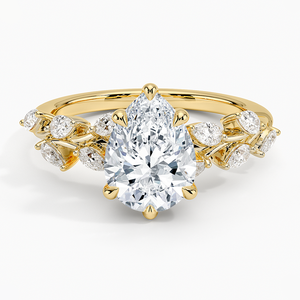 Bague de fiançailles en or jaune avec diamant taille poire, sertie de griffes, motif floral, bijoux fins romantiques pour femme - Product Image 1