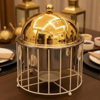 Plat de service rond de luxe doré avec découpe calligraphique arabe, support en acier inoxydable, chauffe-plat de buffet avec couvercle en dôme, unité individuelle