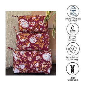 Jaipur Artisanal Sustainable Hand Block Printed Travel Pouch Set of 3 Quilted Cotton Waterproof Washable Durable Daily Use Gift - Product Image 2