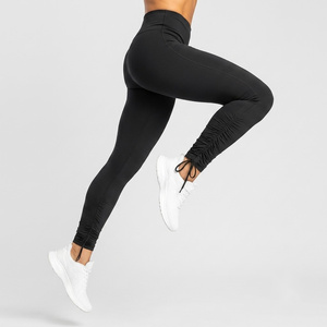 Leggings de sport pour femme taille haute froncés à la cheville, longueur intégrale, noirs unis, extensibles - Product Image 5