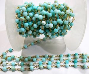 Natural Blue Opal Round 3-4mm Plain Smooth Beaded <b>Rosary</b> Chain Sold Per Foot - Product Image 3