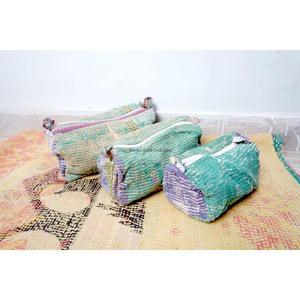 Indian Kantha Hand Block Print Cotton Cosmetic Bag Set with Tassel Zipper Closure Vintage Style-Women's Travel Makeup Pouch bag - Product Image 3