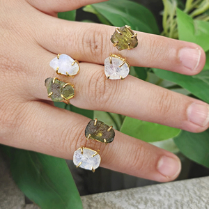 Raw Look Moonstone and Moldavite Double Stone Brass <b>Ring</b> 18k Gold Plated Prong Set <b>Adjustable</b> <b>Size</b> Daily Wear Unisex Jewelry - Product Image 4