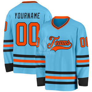 Jersey de Hockey sobre Hielo Personalizado para Hombre, Color Azul Cielo y Naranja, Cuello en V, Manga Larga, Nombre y Número Sublimados, Uniforme de Equipo de Poliéster - Product Image 2