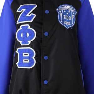 Veste bomber en satin noir et bleu Zeta Phi Beta, broderie en chenille, doublure personnalisée, veste universitaire grecque pour femmes, boutons pression, vêtements haut de gamme - Product Image 5