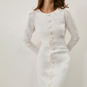 2025 thanh lịch đơn ngực trắng ăn mặc cho phụ nữ sàn Dài Cổ Dài Tay Áo eo-hip váy dài mô hình rắn dệt phương pháp - Product Image 6