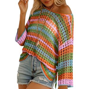 Suéter de Ganchillo de Manga 3/4 para Mujer, Primavera-Verano, Diseño Calado con Bloques de Color y Rayas, Blusa Informal para la Playa o Vacaciones - Product Image 2