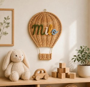 Décoration murale suspendue en rotin pour chambre d'enfant, en forme de montgolfière, en fibres végétales naturelles tressées, thème voyage - Product Image 3