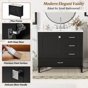 Modern 36\" Black Bathroom Vanity Solid <b>Pine</b> Frame with 1 Soft-Close Door and 3 Drawers Efficient Storage <b>Cabinet</b> - Product Image 5
