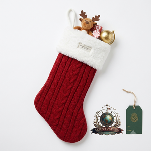 Chaussette de Noël en tricot torsadé hybride rouge velours, broderie dorée personnalisée, bordure en fausse fourrure blanche, vente en gros - Product Image 6