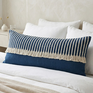 Designer Fringed Blue Woven <b>Pillow</b> Sham Striped Tassels Decorative Sofa <b>Throw</b> <b>Pillow</b> Cover Premium Luxury Pillowcase - Product Image 2