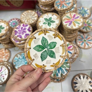 Handwoven Rattan Mother of Pearl Coaster Round Cup Mat for Home Hotel <b>Coffee</b> <b>Table</b> Decor - Product Image 3