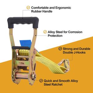 Lot de 4 sangles à cliquet robustes avec boucle à came, 2 po x 26 pi, résistance à la rupture de 11 000 lb, crochets en J pour la fixation de charges sur camions - Product Image 4