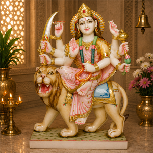 Marble Durga Maa Statue on Lion | Handcrafted Durga Mata Murti with Pink Saree and Golden Crown by MALIYAS Jaipur - Product Image 1