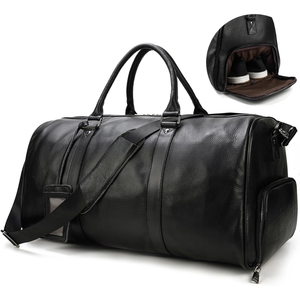 Sac de voyage en cuir avec compartiment à chaussures, fermeture éclair, unisexe, noir, 36-55L, poignée souple - Product Image 5