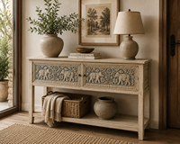 Table console moderne en bois massif sculpté à la main avec base en forme d'éléphant et étagère inférieure pour ferme, hôtel ou salon