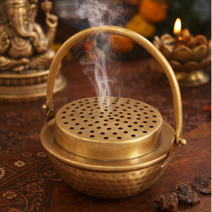 Traditional antique brass square dhoop incense <b>burner</b> holder bowl with lid and <b>side</b> handle for pooja, at wholesale prices. - Product Image 5