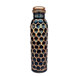 Onyx Black Hexagon Dimpled Solid Copper Water <b>Flask</b> Modern Geometric Dual-Tone Surface Metallic Hydration Vessel - Product Image 1