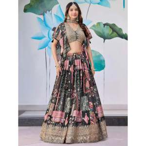 Robe de soirée Lehenga Choli noire en chinon imprimé numériquement pour les occasions spéciales - Product Image 2