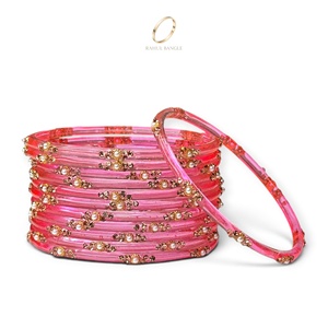 Bracelets en verre rose Kashmiri Raindrop les plus vendus, plaqués or, avec perles, cristaux et zircons floraux pour femmes, vente en gros pour mariages - Product Image 1