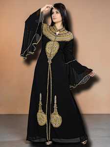 AWAIS HOUSE Vestido Largo Negro de Gasa con Cuello en V y Manga Larga para Mujer, Estilo Abaya Modesto, Corte A, para Noche o Eventos Formales, con Cuentas Naturales - Product Image 1