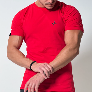 T-shirt pour homme, rouge, coupe ajustée, manches courtes, col rond, avec impression de logo sur le devant, jersey décontracté en coton respirant - Product Image 3