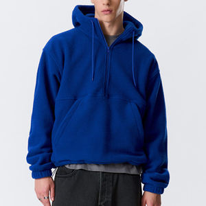 Sweat à capuche mi-zippé doublé en polaire Sherpa bleu, 100 % coton écologique, coupe classique pour l'automne et les tenues décontractées - Product Image 1
