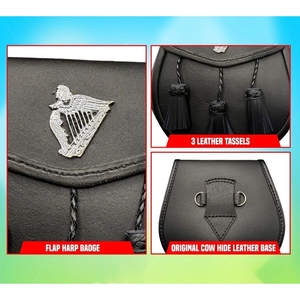 Pochette de kilt écossais Sporran en cuir véritable noir de qualité supérieure, avec emblème harpe irlandaise, trois pompons et sangle à chaîne, pour tenue traditionnelle des Highlands - Product Image 6