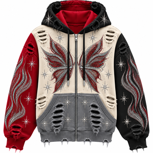 Sudadera con capucha de forro polar transpirable de invierno estilo streetwear con bloques de color desgastados, pedrería multicolor premium y cristales brillantes para - Product Image 2