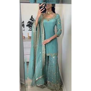 Ensemble Top-Plazzo et Dupatta avec broderie lourde, bleu, taille XL, 950g, pour un look de soirée - Product Image 3