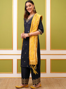 Navy Blue Embroidered Silk Quick Dry <b>Kurta</b> Palazzos Dupatta Traditional Indian Pakistani Set <b>Women</b> Casual Wear Regular Fit - Product Image 5
