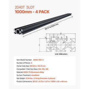 4 Pezzi Profilo in Alluminio Estruso T5 ad Alta Resistenza 2040 (39,4 mm / 1000 mm) Standard Europeo, Binario Lineare Anodizzato di Alta Qualità - Product Image 4