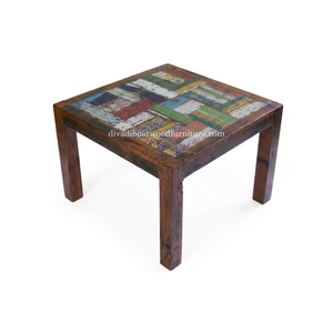 Table à manger DIVADI, modèle carré à pieds fixes, patchwork, bois de bateau recyclé, design durable, écologique, pour intérieur et extérieur - Product Image 4