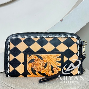 Bolso de Mano Tipo Clutch de Cuero Genuino con Diseño a Cuadros y Flores de Lujo, Hecho a Mano, Precio de Fábrica al Por Mayor - Product Image 1