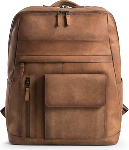 Brown <b>Leather</b> Travel <b>Backpack</b> for <b>Men</b> & Women 15 Inch Laptop Bag Vintage Multi Pocket <b>Backpack</b> with Trolley Sleeve - Product Image 1