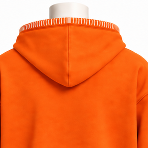 <b>Orange</b> Stitched Border Distressed Pullover <b>Hoodie</b> Oversized Streetwear Sweatshirt Contrast Stitch Kangaroo Pocket Casual Wear - Product Image 4