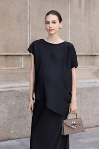 Conjunto de 2 Piezas para Mujer, Verano, Mezcla de Seda, Asimétrico, Elegante, Corte Diagonal, Cuello Redondo, Manga Corta, Casual, Sólido, Transpirable, Elegante - Product Image 3