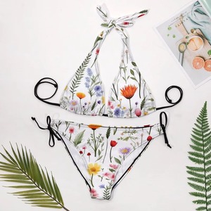 Women Floral Print Bikini Set Halter <b>Neck</b> <b>Tie</b> Side Bottoms Two Piece Swimwear Stretch Polyester Spandex Beachwear - Product Image 5