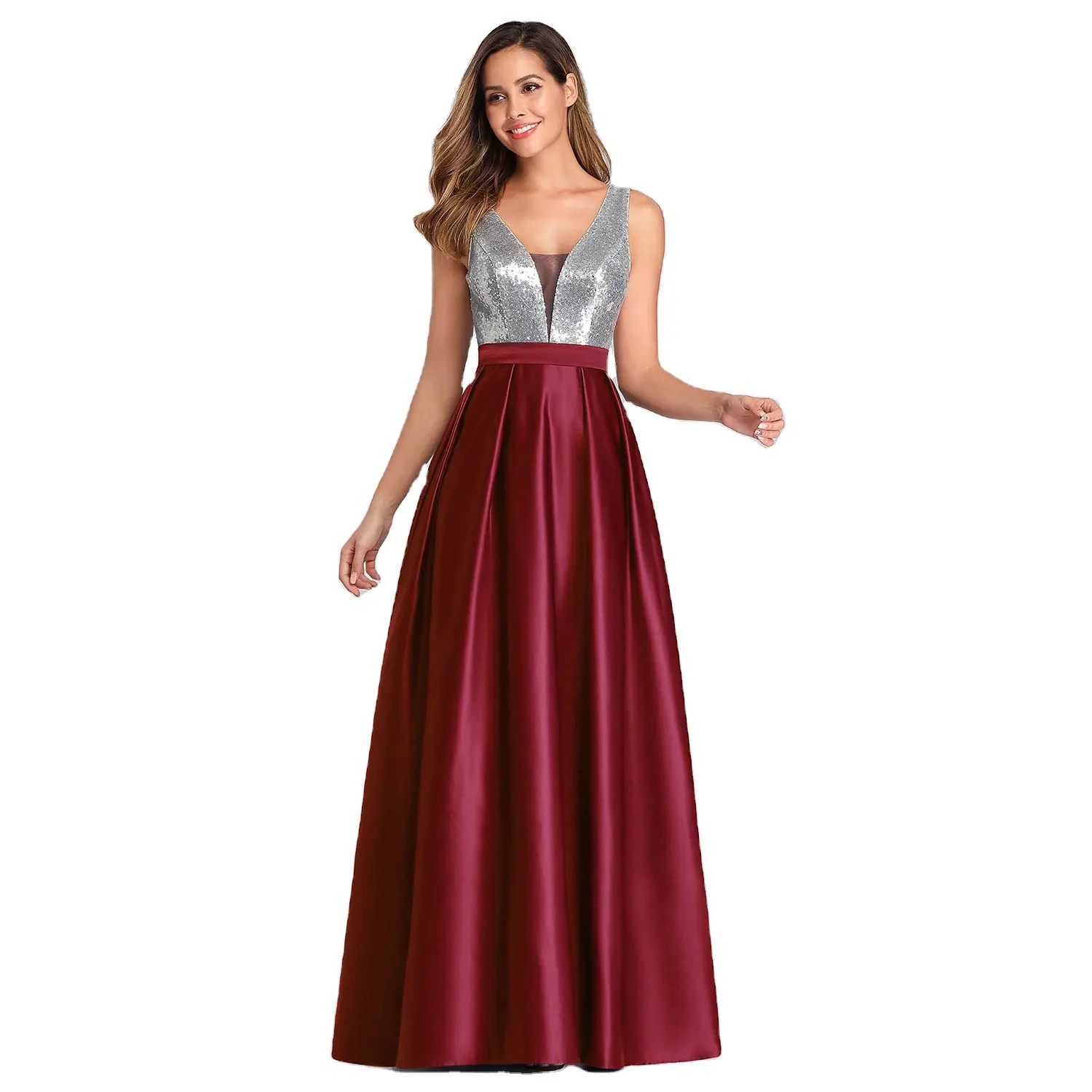 3 Colors Double V Neck Sequin Bodice Satin Party Prom Evening Dresses for Elegant Women