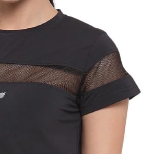 T-shirt de sport d'été pour femme en jersey noir, respirant, à manches courtes, avec dentelle et détails plissés, idéal pour la gym, l'entraînement, la course et le fitness - Product Image 3
