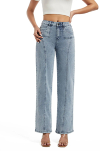 Jean décontracté unisexe à jambe large, coupe droite, délavé moyen, taille mi-haute, en denim tricoté, style streetwear, vente en gros OEM ODM - Product Image 6
