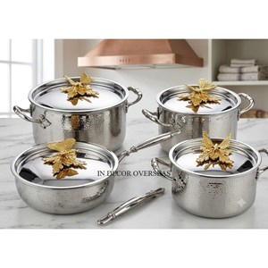 Casseroles Ruffoni de luxe faites à la main en acier inoxydable argenté brillant texturé martelé avec couvercles supérieurs en forme de papillon doré - Product Image 1