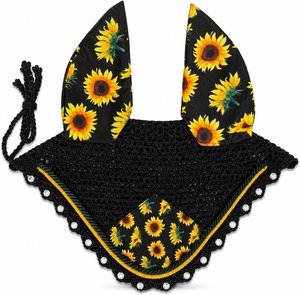 Horse Ear Bonnet for Horses, Sunflower Print <b>Fly</b> Bonnet with Crystal Edge, Handmade Crochet <b>Fly</b> Veil, Breathable Stretch Ears - Product Image 3
