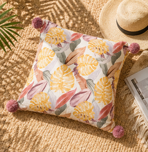 Housse de coussin de luxe à imprimé feuilles tropicales avec bords pompons faits à la main, décoration d'intérieur contemporaine, housse de coussin 100% lin - Product Image 6