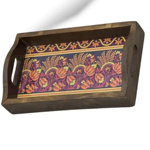 Bandeja de servicio de madera de diseño más nuevo Bandeja de servicio de comida roja y blanca con estampado floral hecho a mano con borde negro - Product Image 3