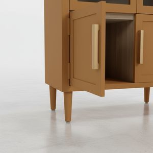 Vitrine rectangulaire en bois de caoutchouc, MDF, placage de chêne, portes à volets, 4 compartiments. Table de chevet avec rangement - Product Image 5